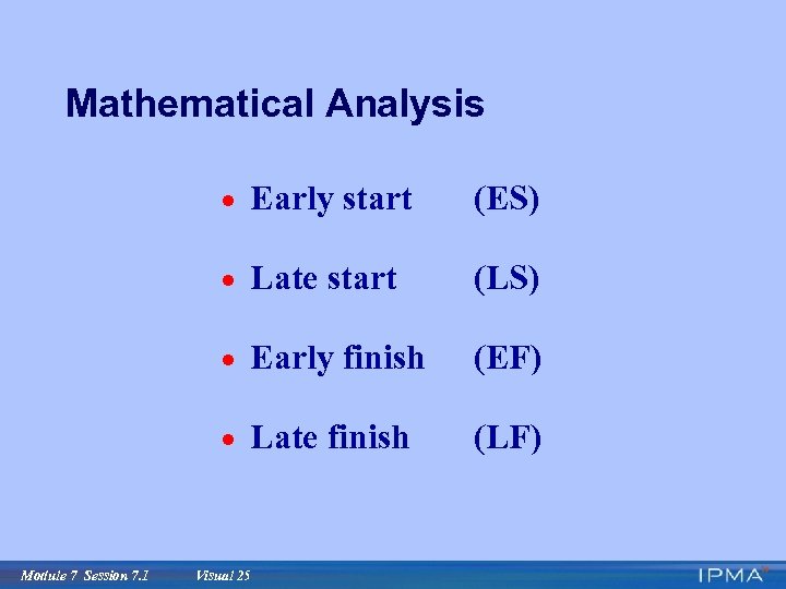 Mathematical Analysis · Early start · Late start (LS) · Early finish (EF) ·
