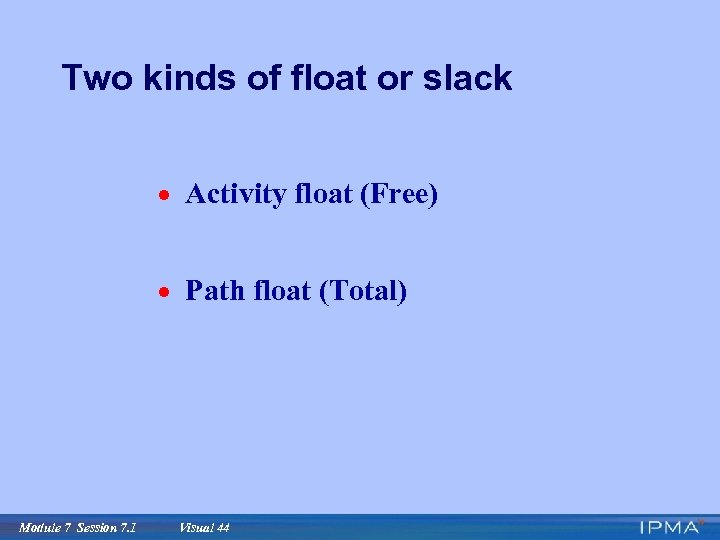 Two kinds of float or slack · Activity float (Free) · Path float (Total)