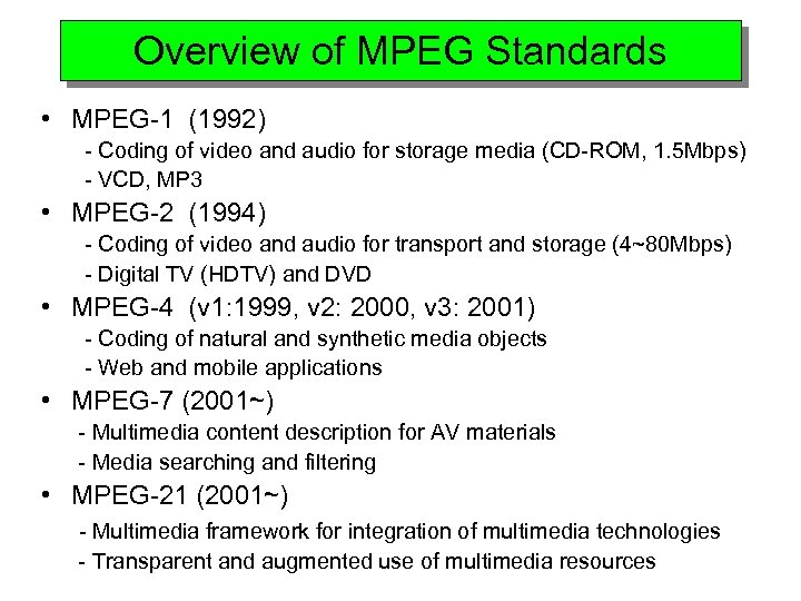 Overview of MPEG Standards • MPEG-1 (1992) - Coding of video and audio for