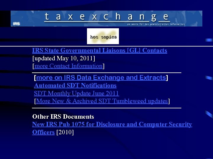 IRS State Governmental Liaisons [GL] Contacts [updated May 10, 2011] [more Contact Information] [more