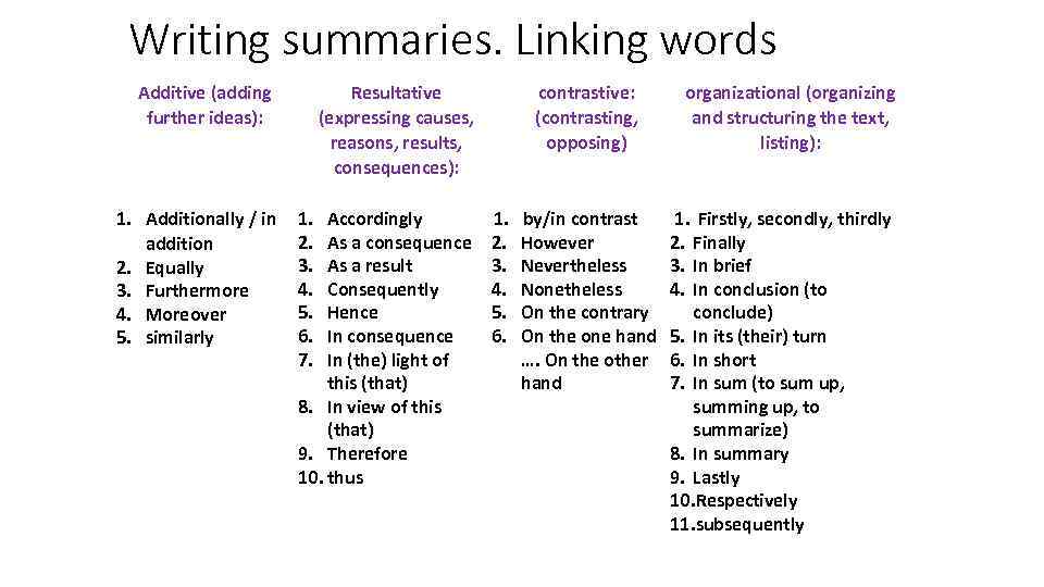 Writing summaries. Linking words Additive (adding further ideas): 1. Additionally / in addition 2.
