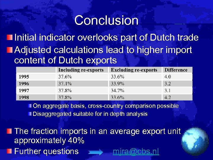 Conclusion Initial indicator overlooks part of Dutch trade Adjusted calculations lead to higher import
