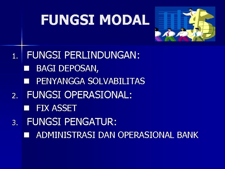 FUNGSI MODAL 1. FUNGSI PERLINDUNGAN: n BAGI DEPOSAN, n PENYANGGA SOLVABILITAS 2. FUNGSI OPERASIONAL: