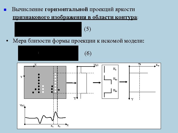  Вычисление горизонтальной проекций яркости признакового изображения в области контура: n (5) • Мера