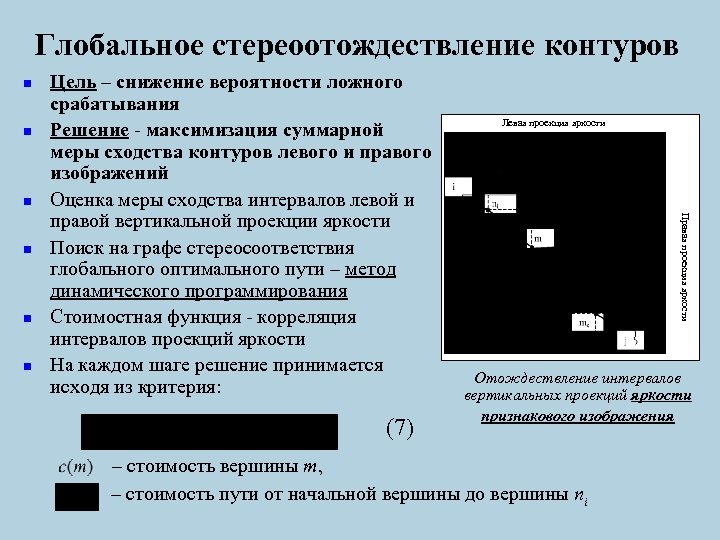Глобальное стереоотождествление контуров n n n (7) Левая проекция яркости Правая проекция яркости n