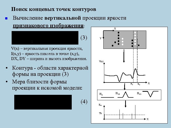  Поиск n концевых точек контуров Вычисление вертикальной проекции яркости признакового изображения: X (3)