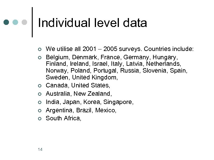 Individual level data ¢ ¢ ¢ ¢ 14 We utilise all 2001 – 2005