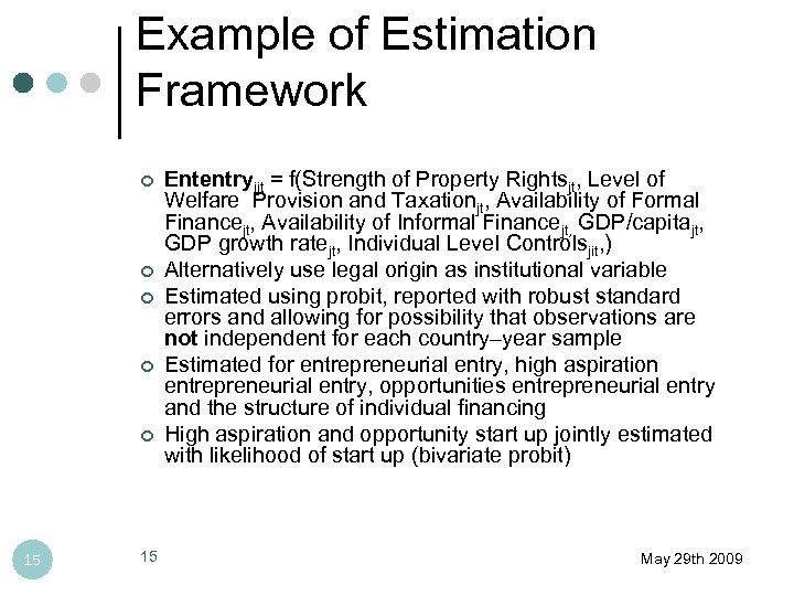 Example of Estimation Framework ¢ ¢ ¢ 15 15 Ententryijt = f(Strength of Property