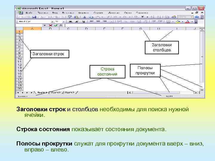Заголовки столбцов Заголовки строк Строка состояния Полосы прокрутки Заголовки строк и столбцов необходимы для