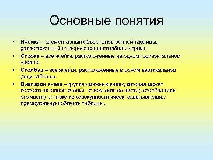 Основные понятия • • Ячейка – элементарный объект электронной таблицы, расположенный на пересечении столбца