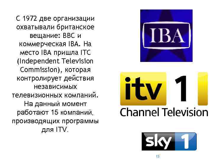 C 1972 две организации охватывали британское вещание: ВВС и коммерческая IBA. На место IBA