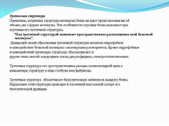 Третичная структура Первичная, вторичная структуры молекулы белка не дают представления ни об объеме, ни