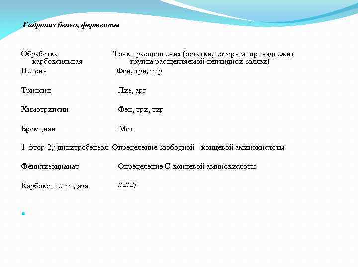  Гидролиз белка, ферменты Обработка Точки расщепления (остатки, которым принадлежит карбоксильная группа расщепляемой пептидной