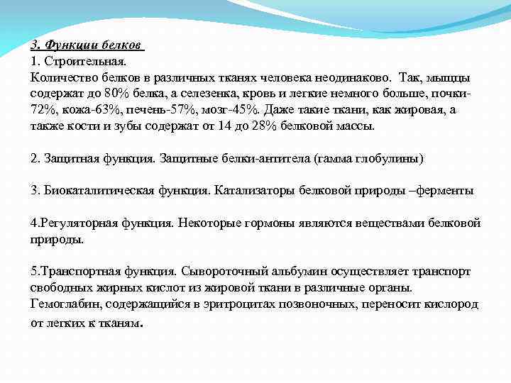 3. Функции белков 1. Строительная. Количество белков в различных тканях человека неодинаково. Так, мыщцы