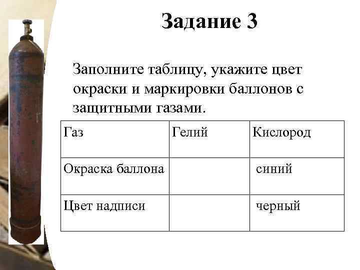 Задание 3 Заполните таблицу, укажите цвет окраски и маркировки баллонов с защитными газами. Газ