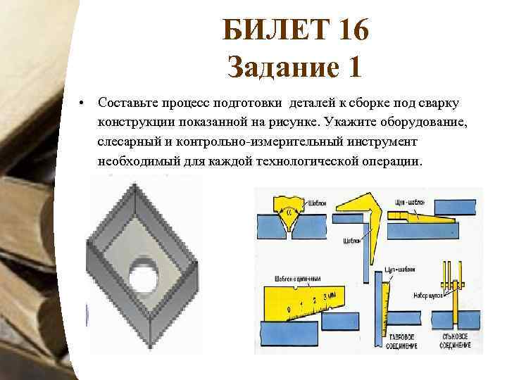 БИЛЕТ 16 Задание 1 • Составьте процесс подготовки деталей к сборке под сварку конструкции