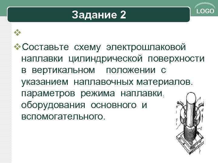 Задание 2 LOGO v v. Составьте схему электрошлаковой наплавки цилиндрической поверхности в вертикальном положении