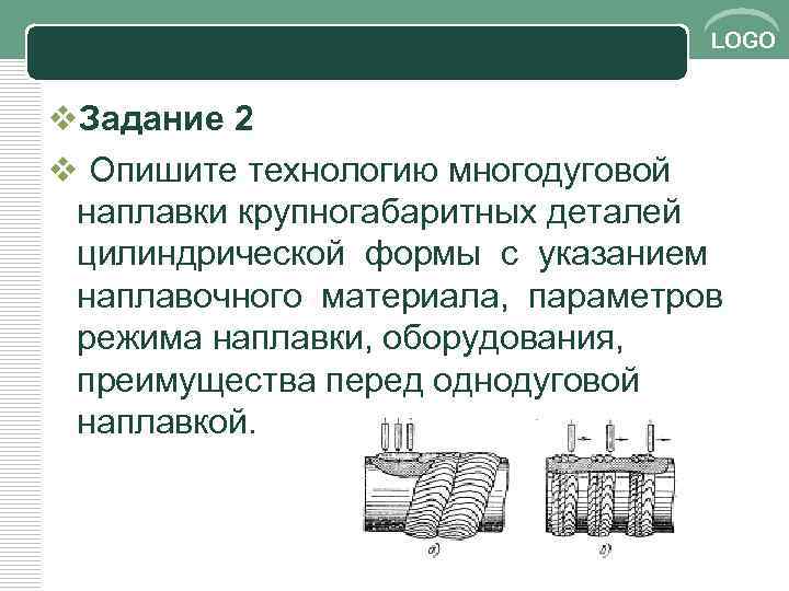LOGO v. Задание 2 v Опишите технологию многодуговой наплавки крупногабаритных деталей цилиндрической формы с