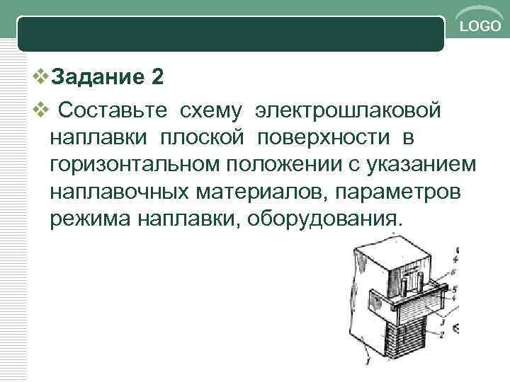 LOGO v. Задание 2 v Составьте схему электрошлаковой наплавки плоской поверхности в горизонтальном положении