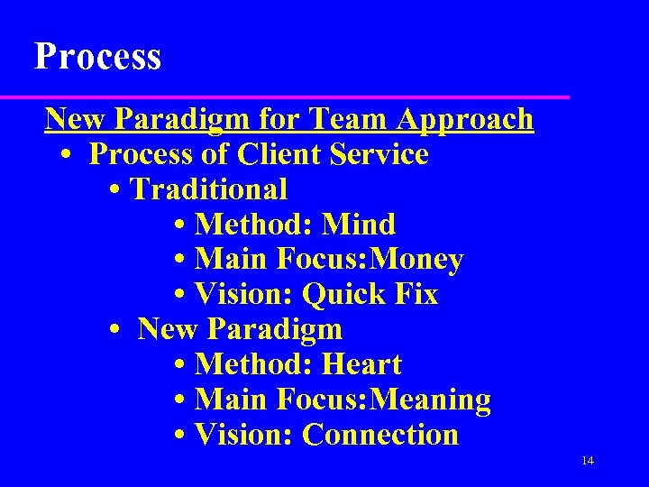 Process New Paradigm for Team Approach • Process of Client Service • Traditional •