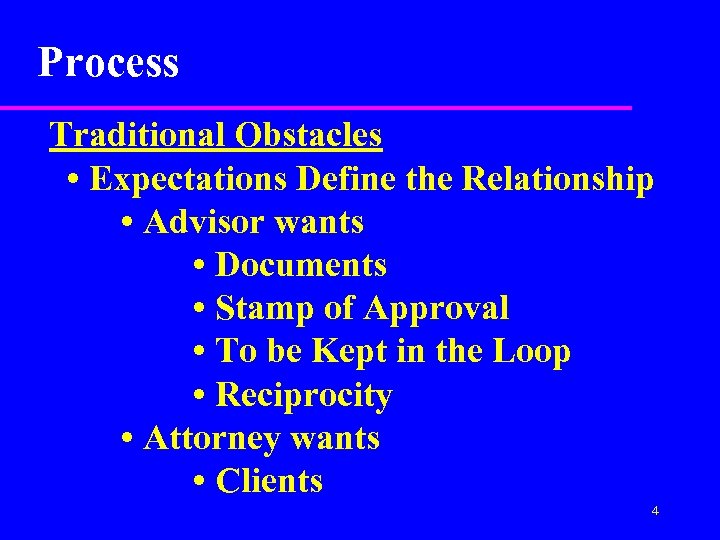 Process Traditional Obstacles • Expectations Define the Relationship • Advisor wants • Documents •