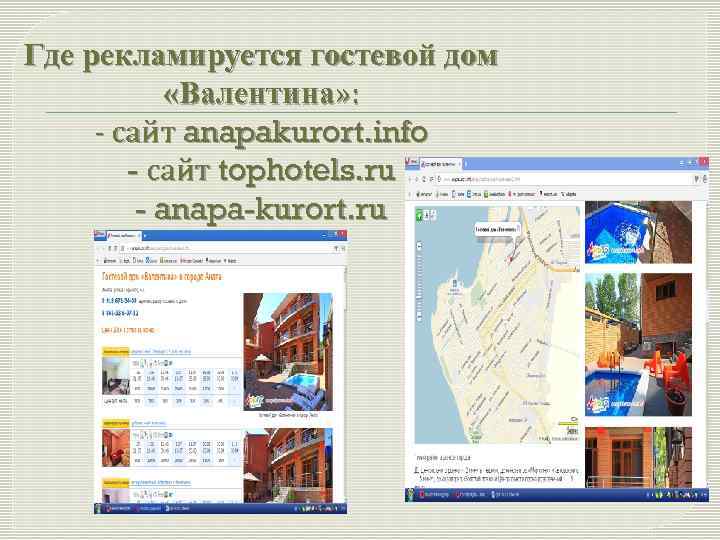 Где рекламируется гостевой дом «Валентина» : - сайт anapakurort. info - сайт tophotels. ru
