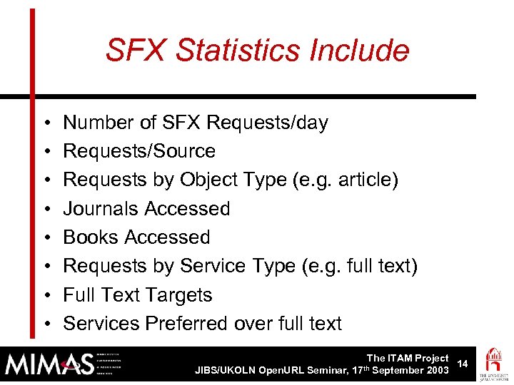 SFX Statistics Include • • Number of SFX Requests/day Requests/Source Requests by Object Type