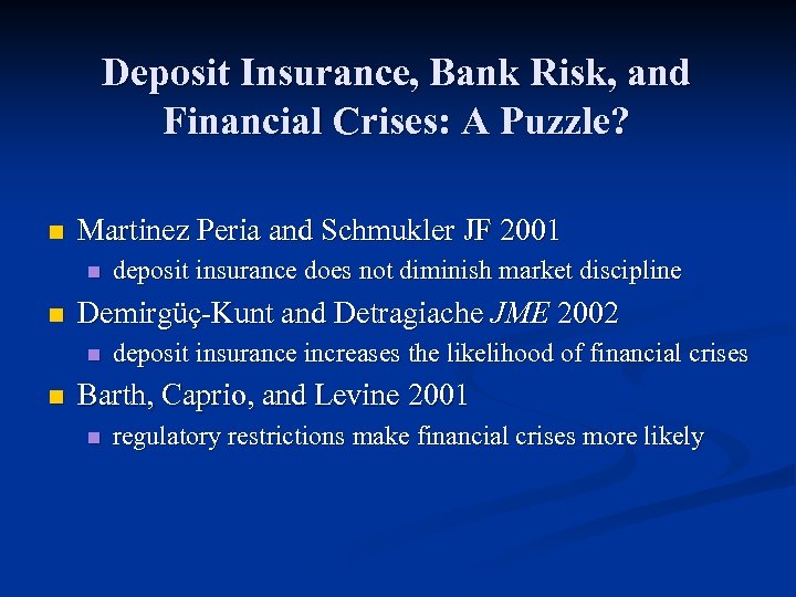 Deposit Insurance, Bank Risk, and Financial Crises: A Puzzle? n Martinez Peria and Schmukler