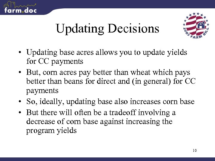 Updating Decisions • Updating base acres allows you to update yields for CC payments