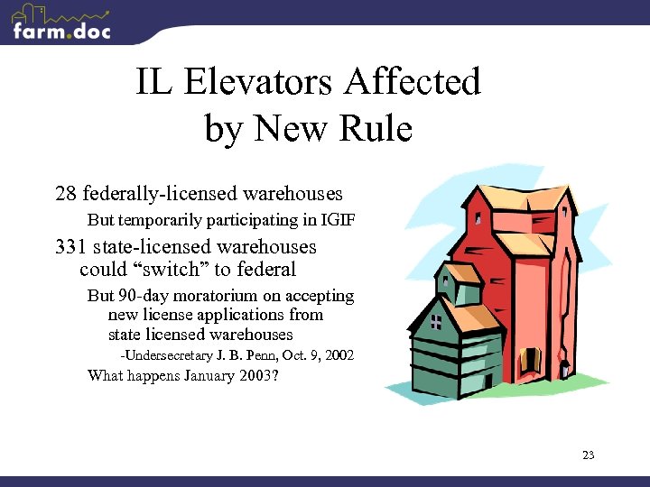 IL Elevators Affected by New Rule 28 federally-licensed warehouses But temporarily participating in IGIF