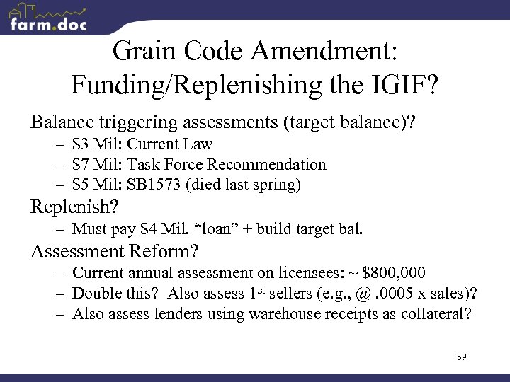 Grain Code Amendment: Funding/Replenishing the IGIF? Balance triggering assessments (target balance)? – $3 Mil: