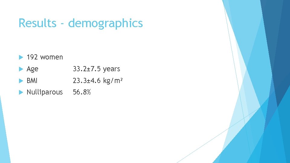 Results ‐ demographics 192 women Age 33. 2± 7. 5 years BMI 23. 3±