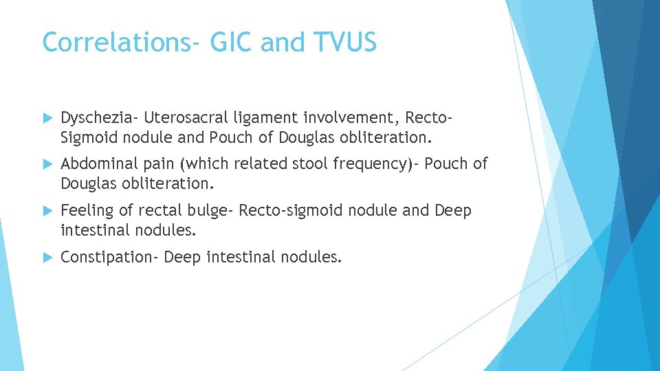 Correlations‐ GIC and TVUS Dyschezia‐ Uterosacral ligament involvement, Recto‐ Sigmoid nodule and Pouch of