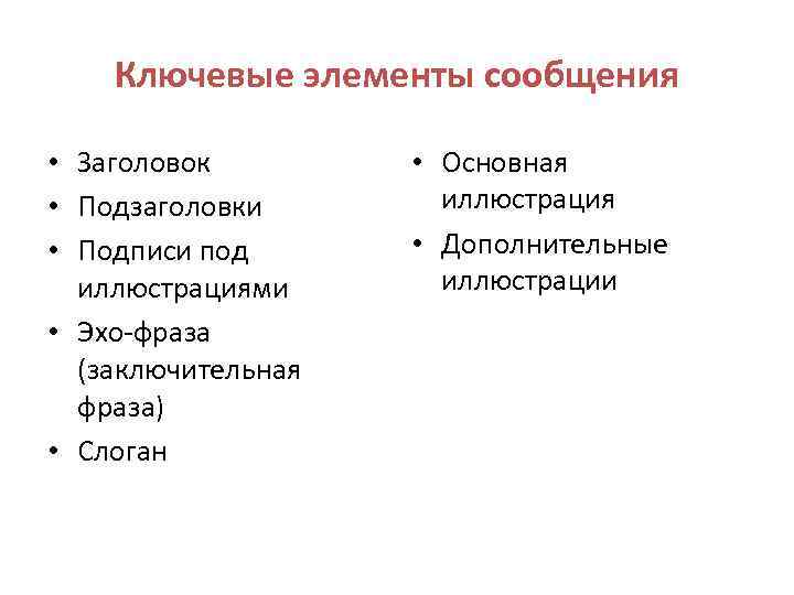 Ключевые элементы сообщения • Заголовок • Подзаголовки • Подписи под иллюстрациями • Эхо-фраза (заключительная