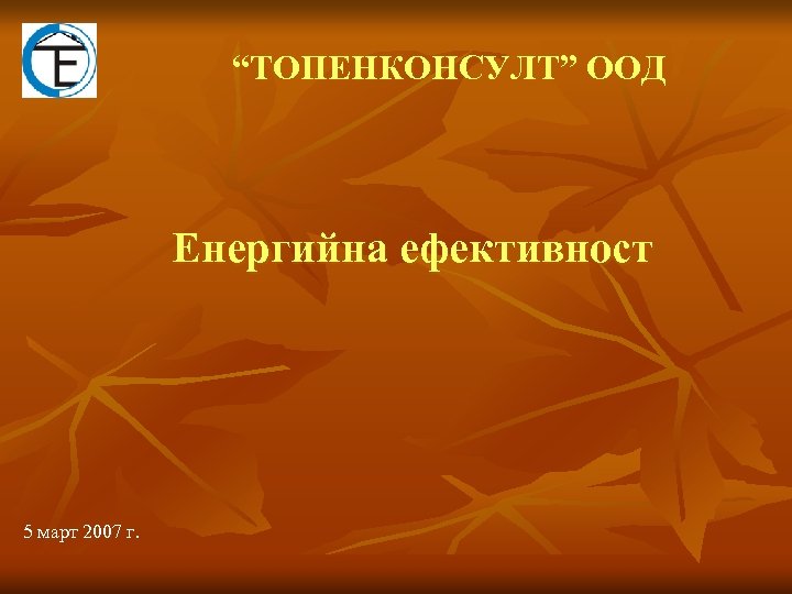 “ТОПЕНКОНСУЛТ” ООД Eнергийна ефективност 5 март 2007 г. 