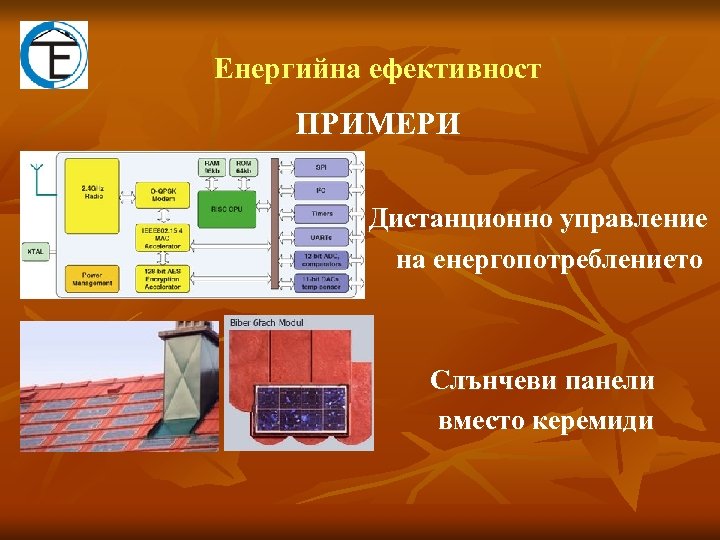 Eнергийна ефективност ПРИМЕРИ Дистанционно управление на енергопотреблението Слънчеви панели вместо керемиди 