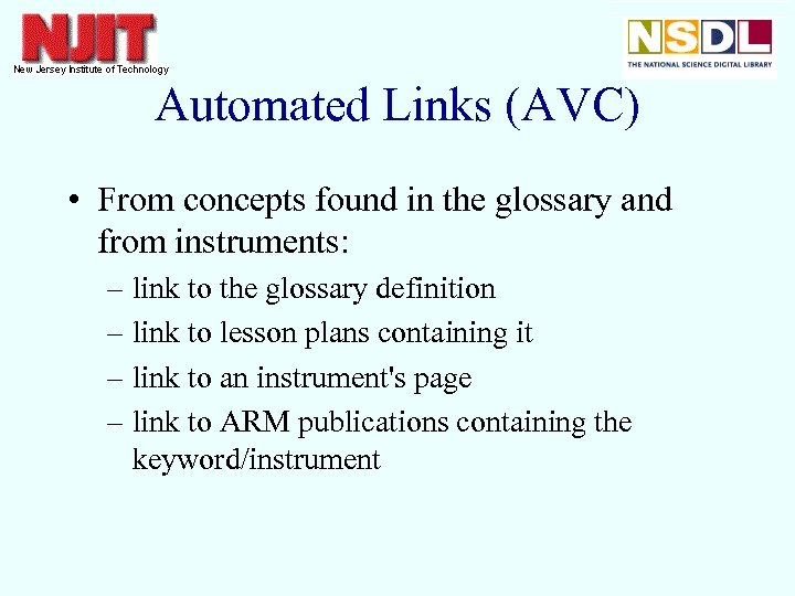 Automated Links (AVC) • From concepts found in the glossary and from instruments: –