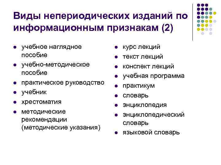 Виды непериодических изданий по информационным признакам (2) l l l учебное наглядное пособие учебно-методическое