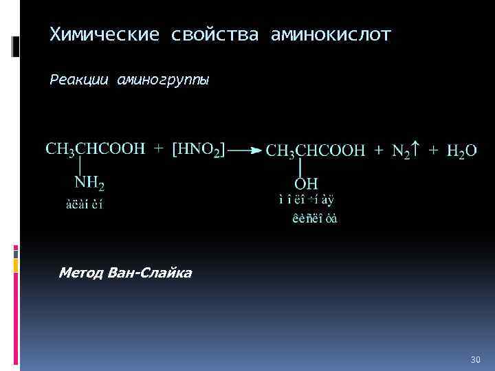 Химические свойства аминокислот Реакции аминогруппы Метод Ван-Слайка 30 