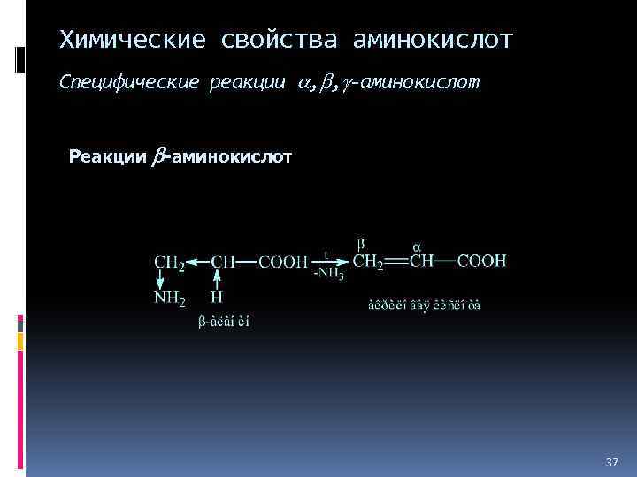 Химические свойства аминокислот Специфические реакции , , -аминокислот Реакции -аминокислот 37 