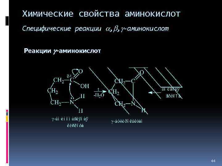Химические свойства аминокислот Специфические реакции , , -аминокислот Реакции -аминокислот 44 