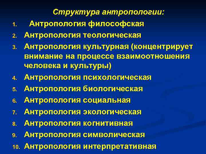 1. 2. 3. 4. 5. 6. 7. 8. 9. 10. Структура антропологии: Антропология философская