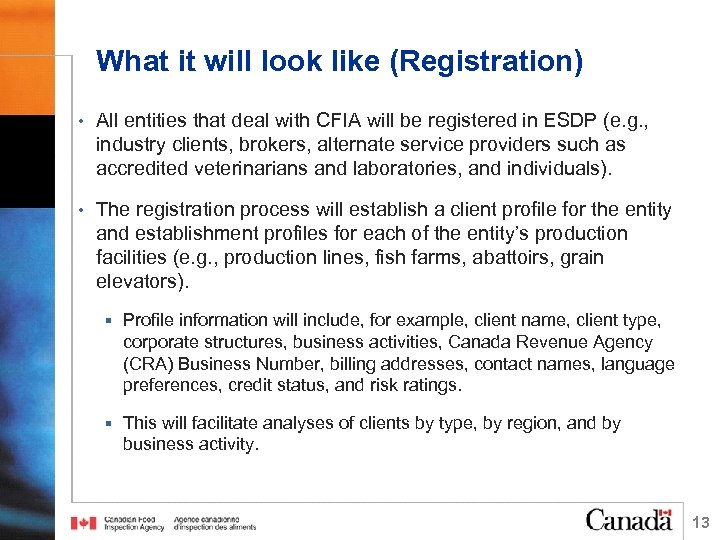 What it will look like (Registration) • All entities that deal with CFIA will