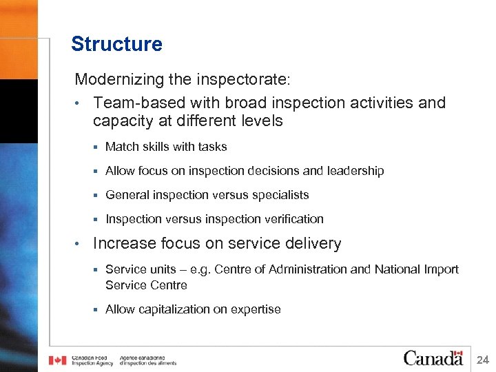 Structure Modernizing the inspectorate: • Team-based with broad inspection activities and capacity at different