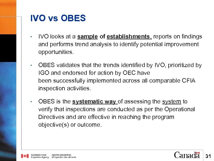 IVO vs OBES • IVO looks at a sample of establishments, reports on findings