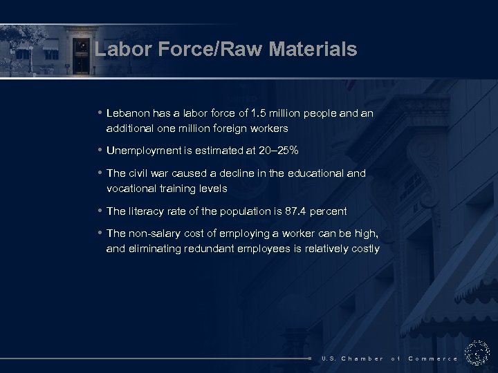 Labor Force/Raw Materials • Lebanon has a labor force of 1. 5 million people