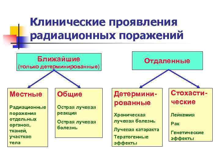 Клинические проявления радиационных поражений Ближайшие (только детерминированные) Местные Общие Радиационные поражения отдельных органов, тканей,