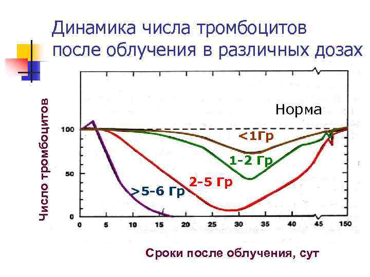 Число тромбоцитов Динамика числа тромбоцитов после облучения в различных дозах Норма <1 Гр 1