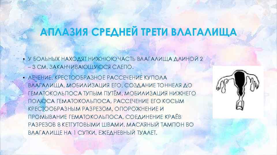 АПЛАЗИЯ СРЕДНЕЙ ТРЕТИ ВЛАГАЛИЩА • У БОЛЬНЫХ НАХОДЯТ НИЖНЮЮ ЧАСТЬ ВЛАГАЛИЩА ДЛИНОЙ 2 –