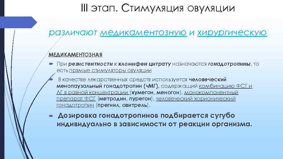 III этап. Стимуляция овуляции различают медикаментозную и хирургическую МЕДИКАМЕНТОЗНАЯ При резистентности к кломифен цитрату